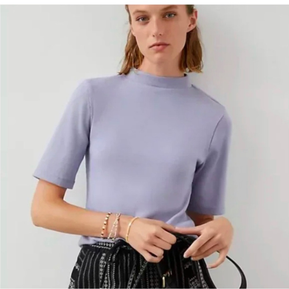 Maeve by Anthropologie Mock Neck Ribbed Top Elbow Sleeve Lt Blue Size XS
